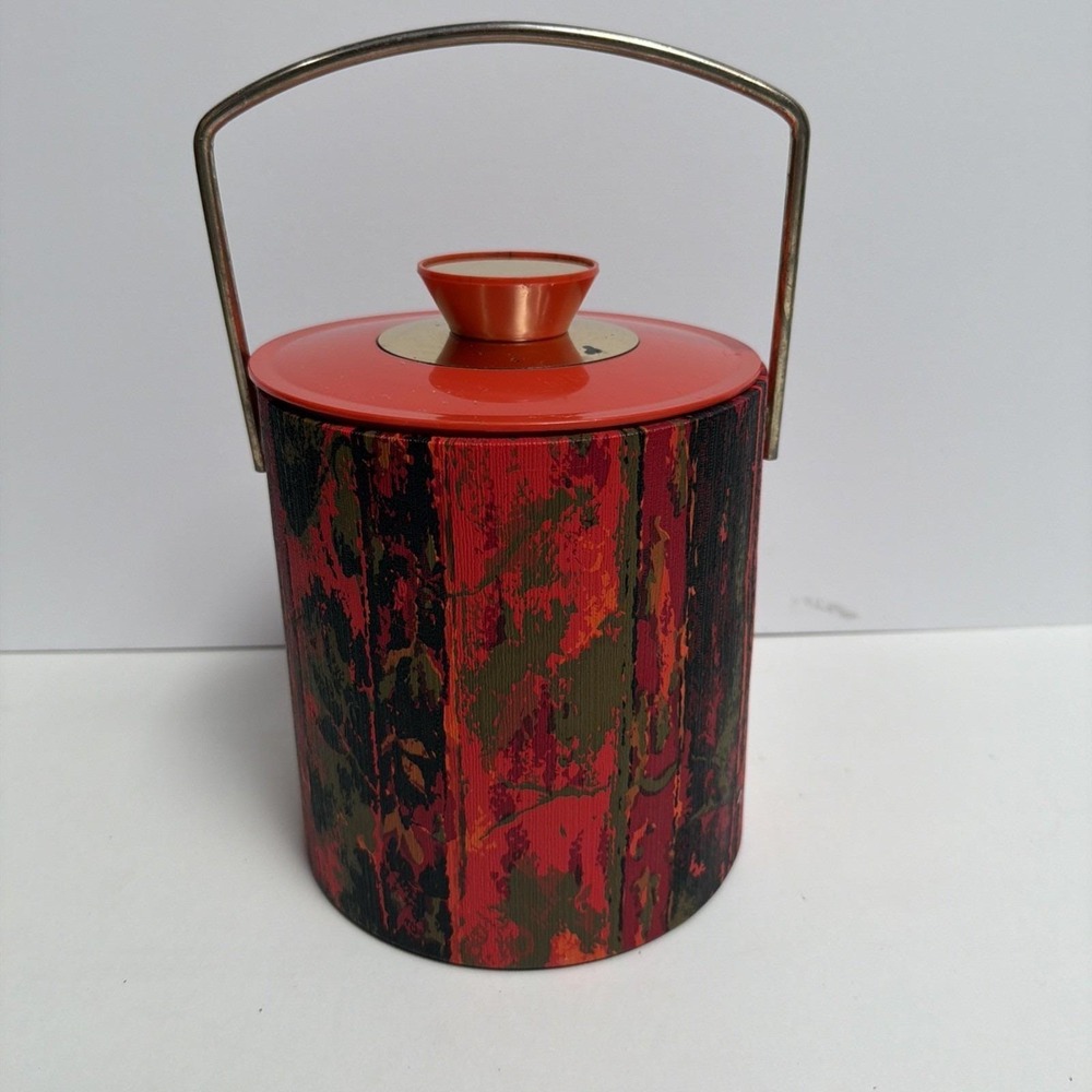 Mid Century Modern Ice Bucket Faux Bois Red Brass Handle 10" Barware